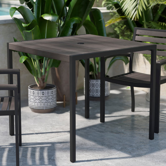 Lark Outdoor Dining Table with Synthetic Gray Wash Teak Poly Slats - 35" Square Steel Framed Restaurant Table with Umbrella Hole Gray Wash Teak XU-DG-UH8100-GY-GG