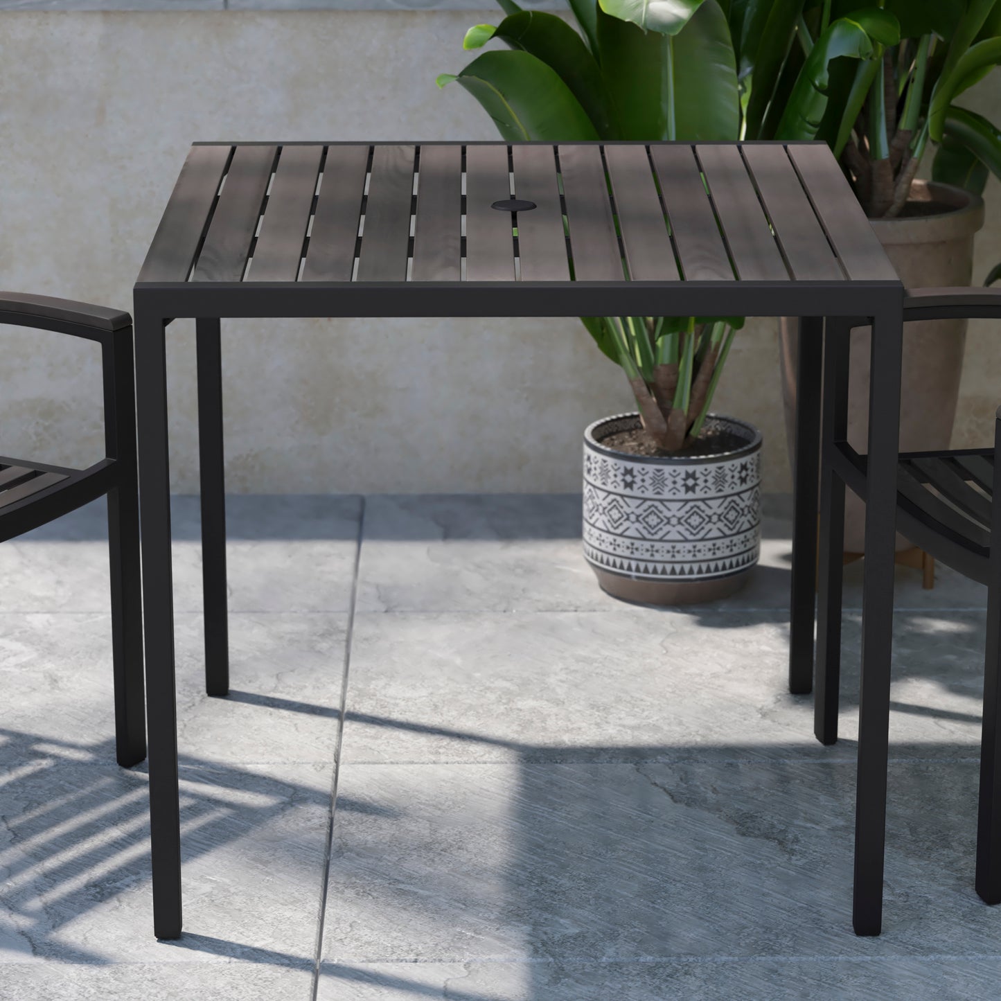 Lark Outdoor Dining Table with Synthetic Gray Wash Teak Poly Slats - 35" Square Steel Framed Restaurant Table with Umbrella Hole Gray Wash Teak