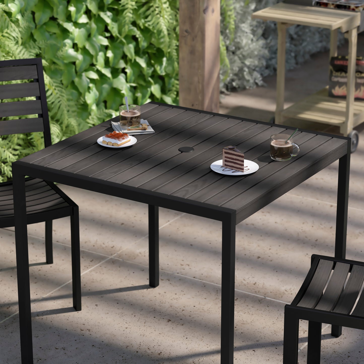 Lark Outdoor Dining Table with Synthetic Gray Wash Teak Poly Slats - 35" Square Steel Framed Restaurant Table with Umbrella Hole Gray Wash Teak