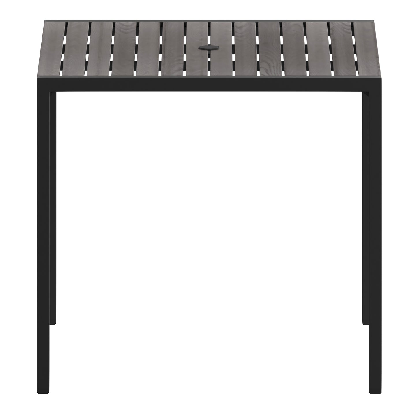 Lark Outdoor Dining Table with Synthetic Gray Wash Teak Poly Slats - 35" Square Steel Framed Restaurant Table with Umbrella Hole Gray Wash Teak