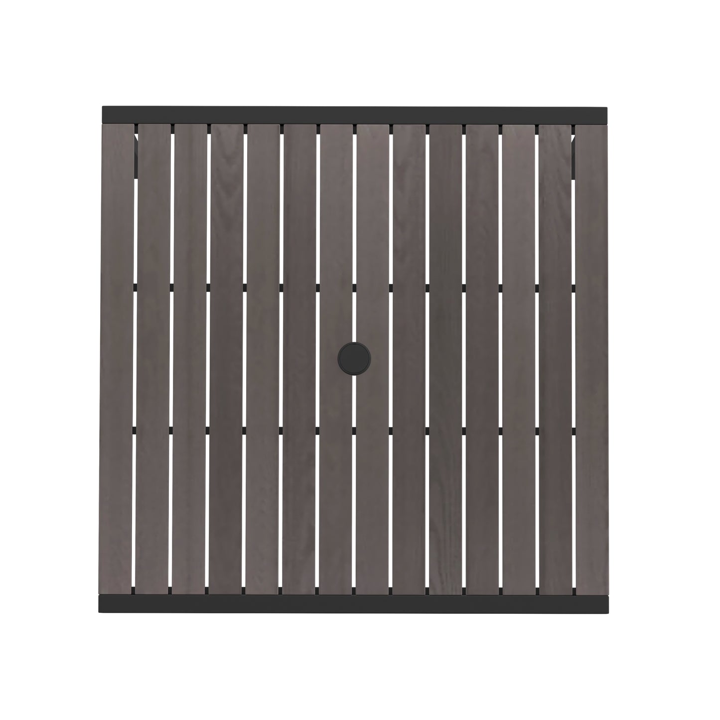 Lark Outdoor Dining Table with Synthetic Gray Wash Teak Poly Slats - 35" Square Steel Framed Restaurant Table with Umbrella Hole Gray Wash Teak