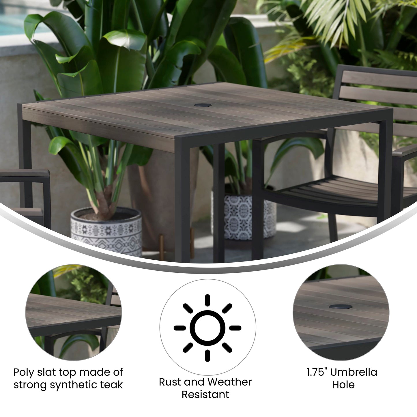 Lark Outdoor Dining Table with Synthetic Gray Wash Teak Poly Slats - 35" Square Steel Framed Restaurant Table with Umbrella Hole Gray Wash Teak
