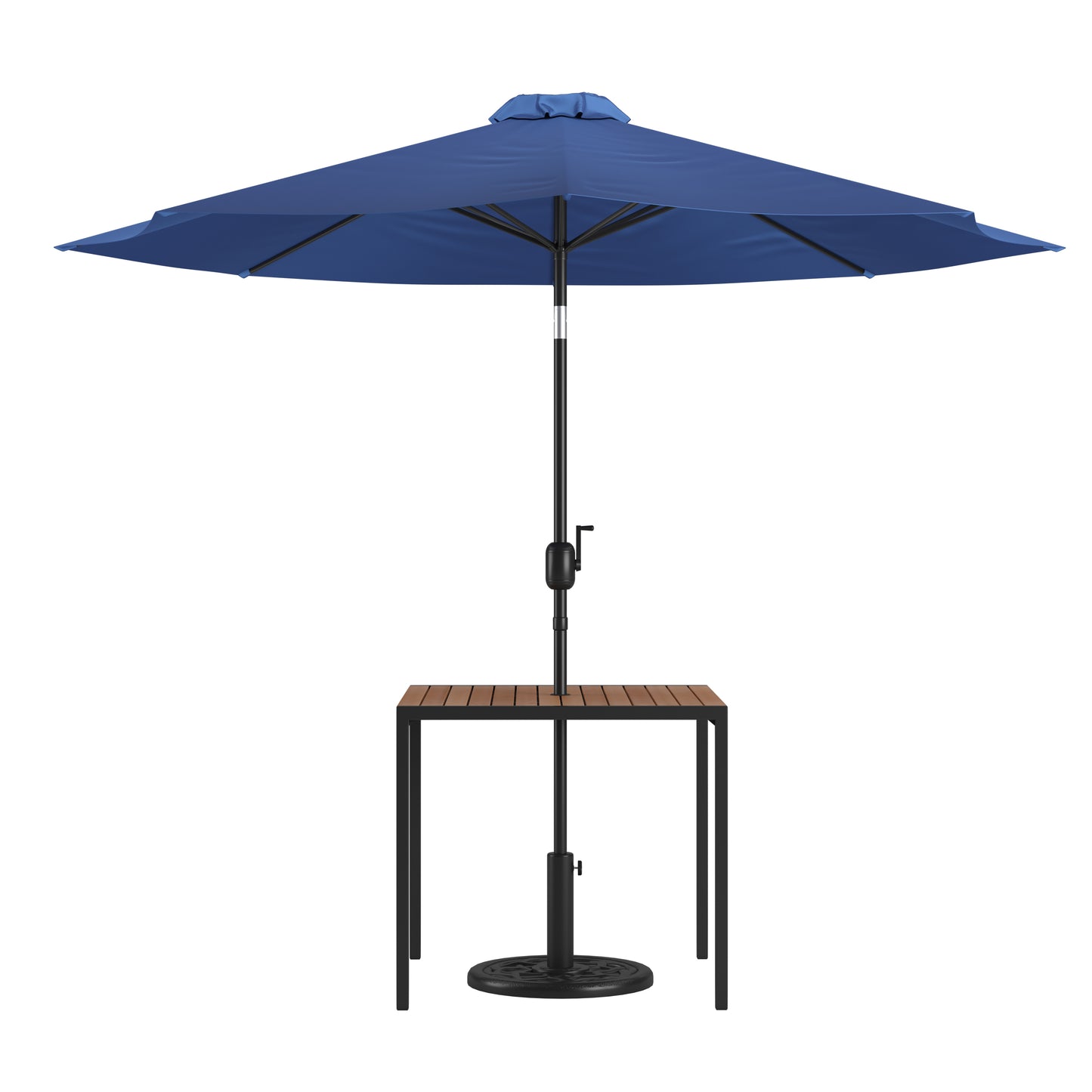 Lark 3 Piece Outdoor Patio Table Set - 35" Square Synthetic Teak Patio Table with Navy Umbrella and Base Navy