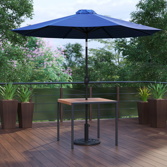 Lark 3 Piece Outdoor Patio Table Set - 35" Square Synthetic Teak Patio Table with Navy Umbrella and Base Navy