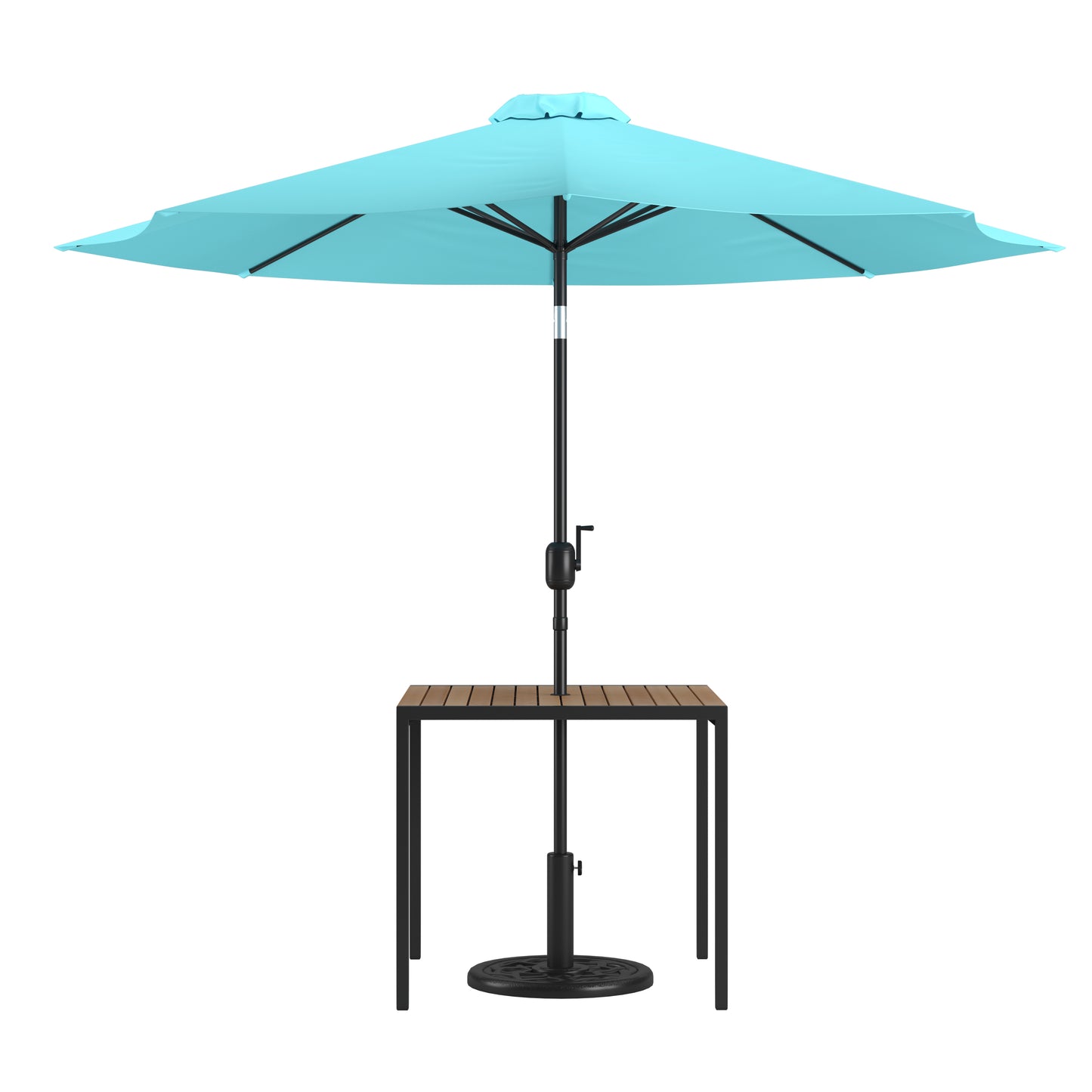 Lark 3 Piece Outdoor Patio Table Set - 35" Square Synthetic Teak Patio Table with Teal Umbrella and Base Teal
