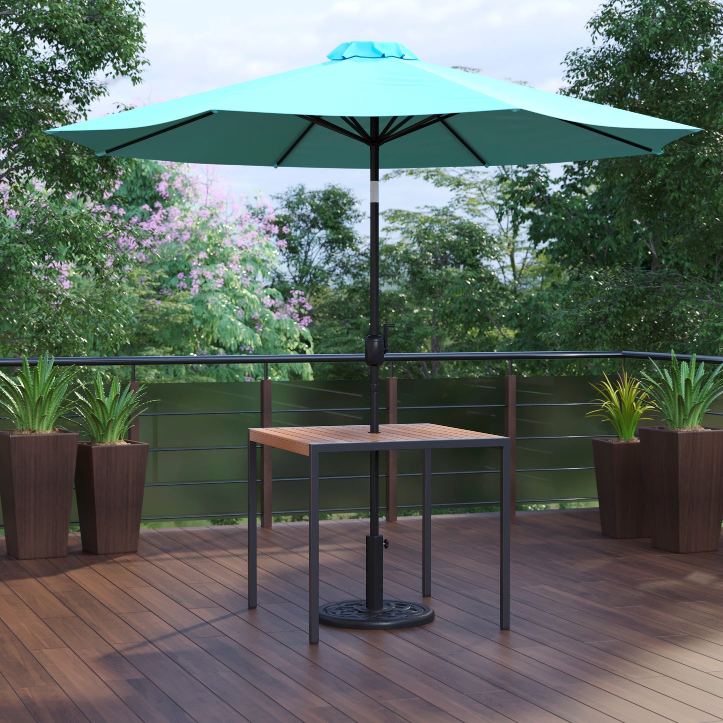 Lark 3 Piece Outdoor Patio Table Set - 35" Square Synthetic Teak Patio Table with Teal Umbrella and Base Teal