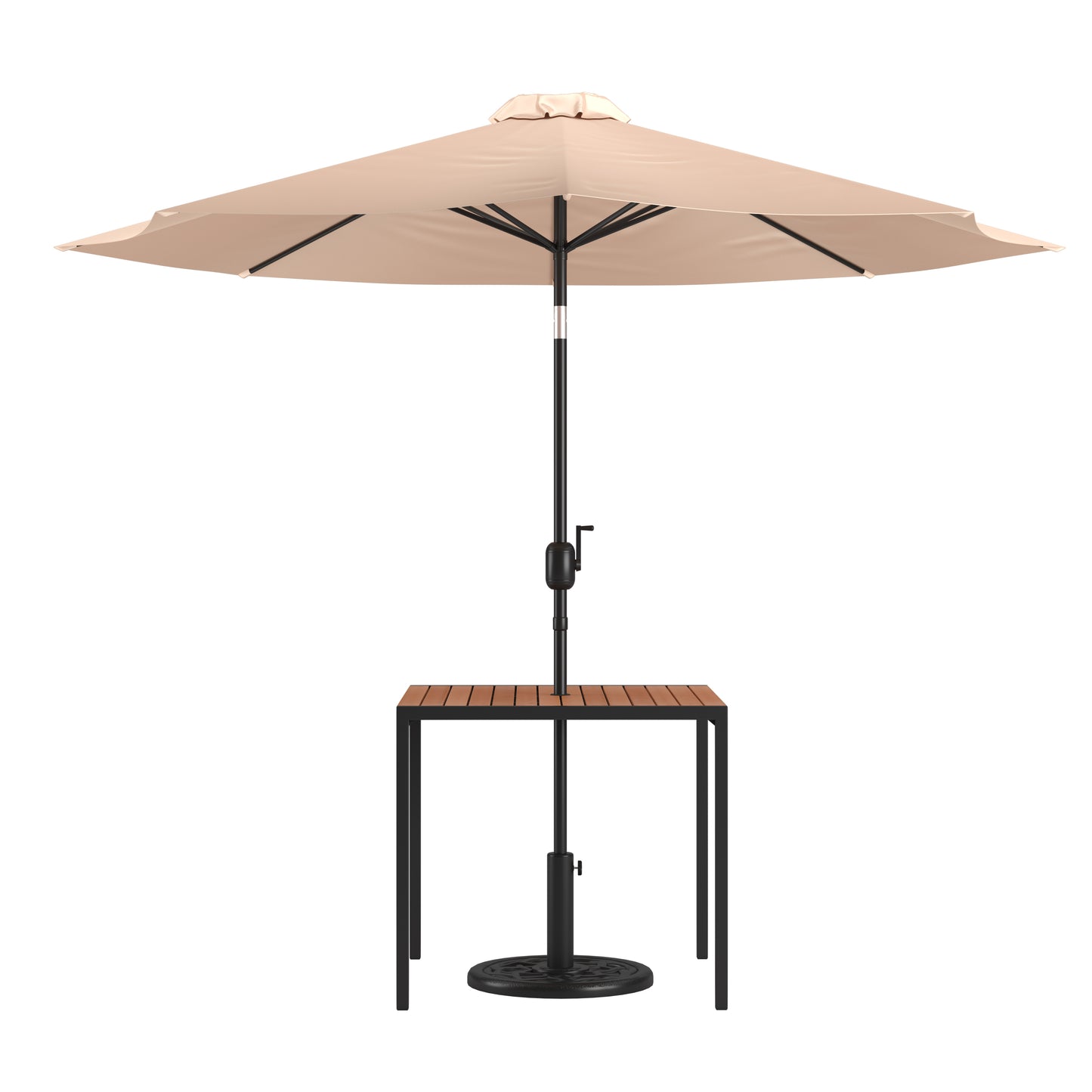 Lark 3 Piece Outdoor Patio Table Set - 35" Square Synthetic Teak Patio Table with Umbrella Hole and Tan Umbrella with Base Tan
