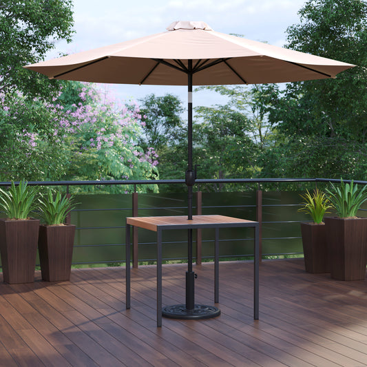 Lark 3 Piece Outdoor Patio Table Set - 35" Square Synthetic Teak Patio Table with Umbrella Hole and Tan Umbrella with Base Tan