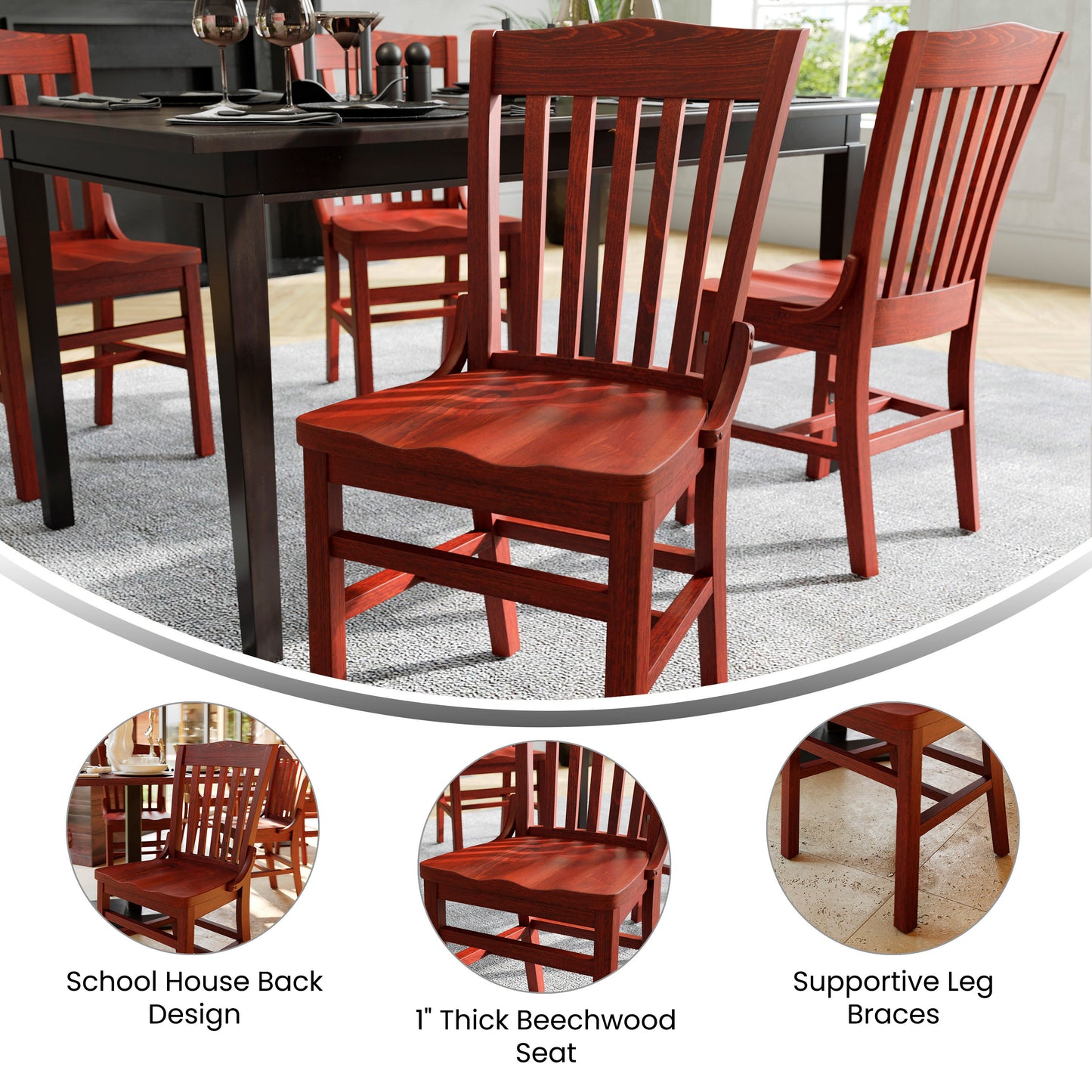 HERCULES Series School House Back Mahogany Wood Restaurant Chair Mahogany