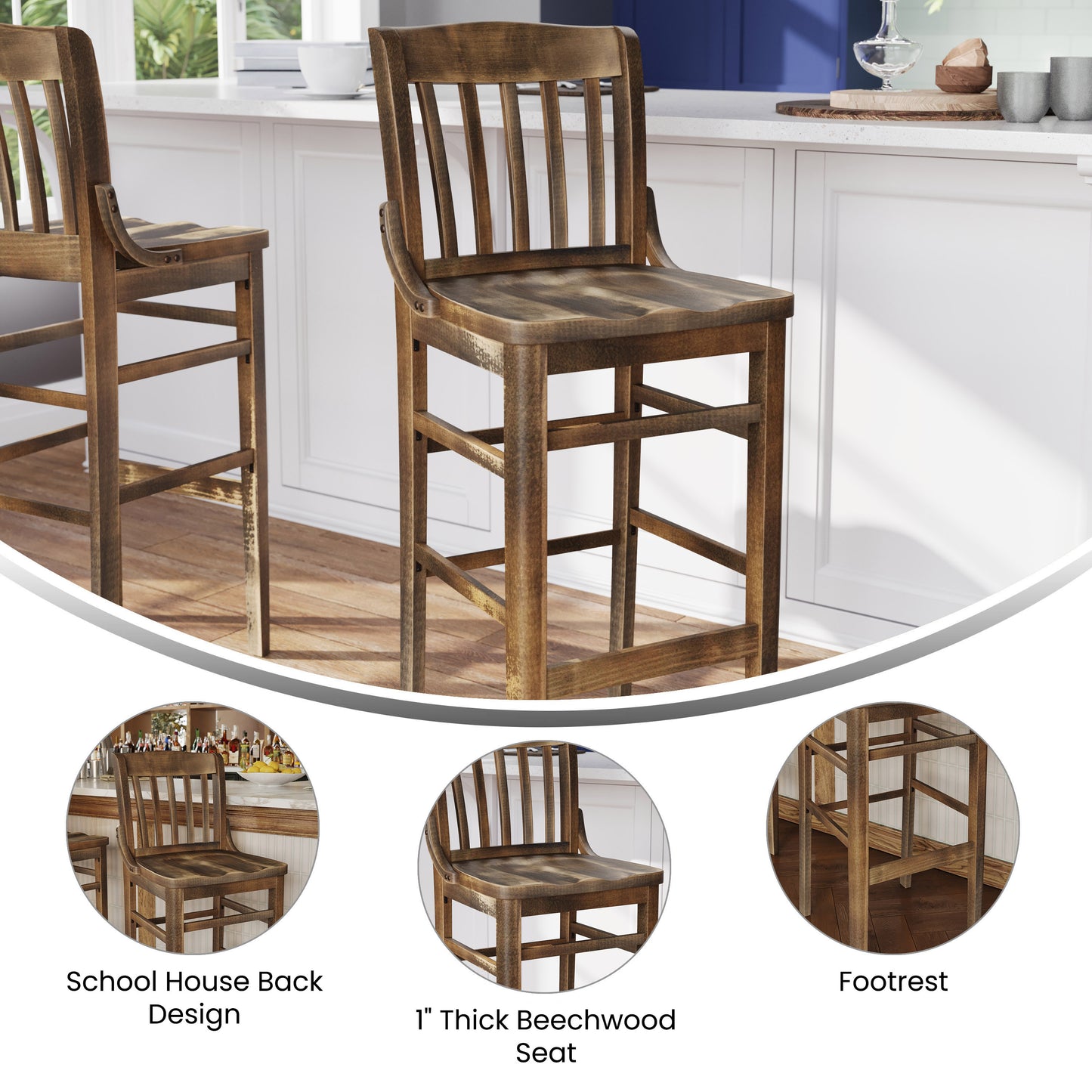 HERCULES School House Back Antique Copper Wood Restaurant Barstool Antique Copper