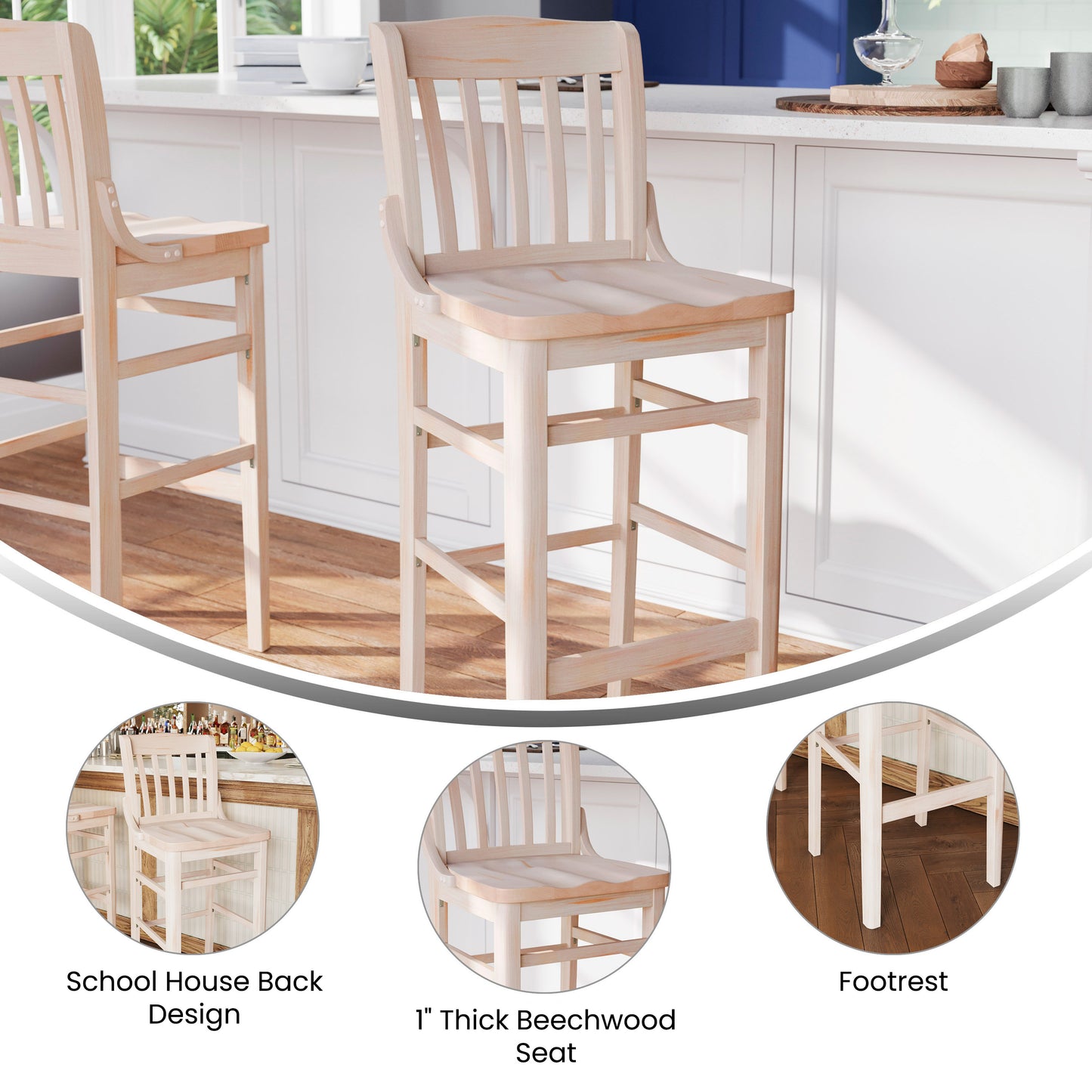 HERCULES School House Back Antique White Wood Restaurant Barstool Antique White