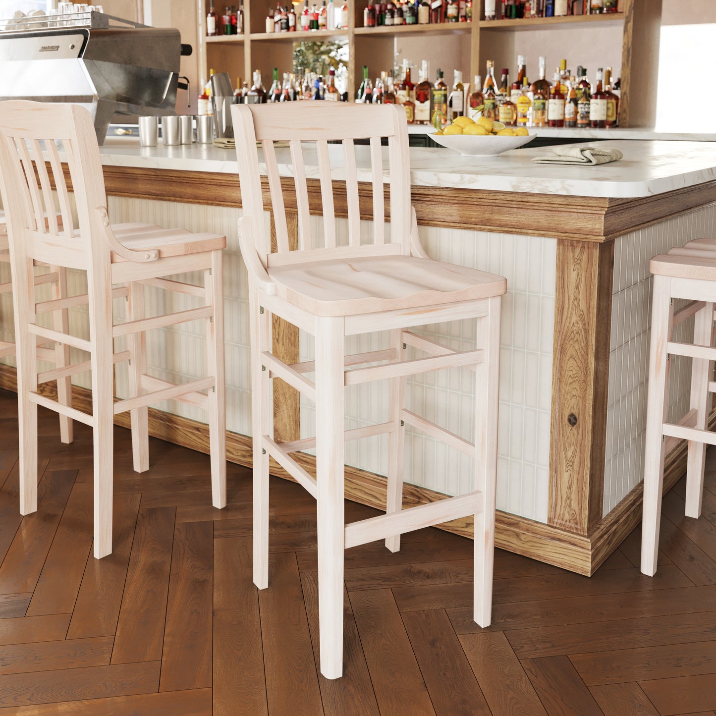 HERCULES School House Back Antique White Wood Restaurant Barstool Antique White