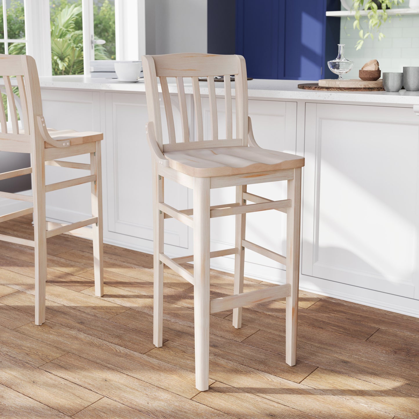 HERCULES School House Back Antique White Wood Restaurant Barstool Antique White