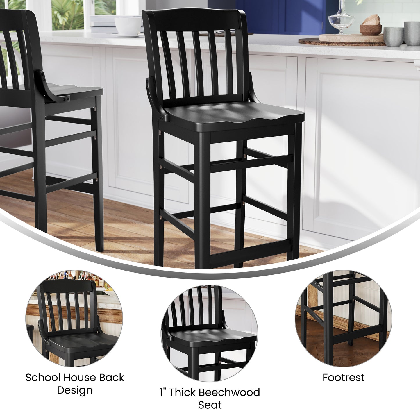 HERCULES School House Back Black Wood Restaurant Barstool Black