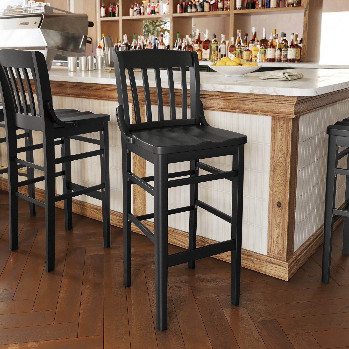 HERCULES School House Back Black Wood Restaurant Barstool Black