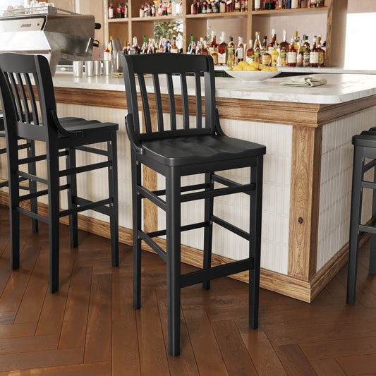 HERCULES School House Back Black Wood Restaurant Barstool Black
