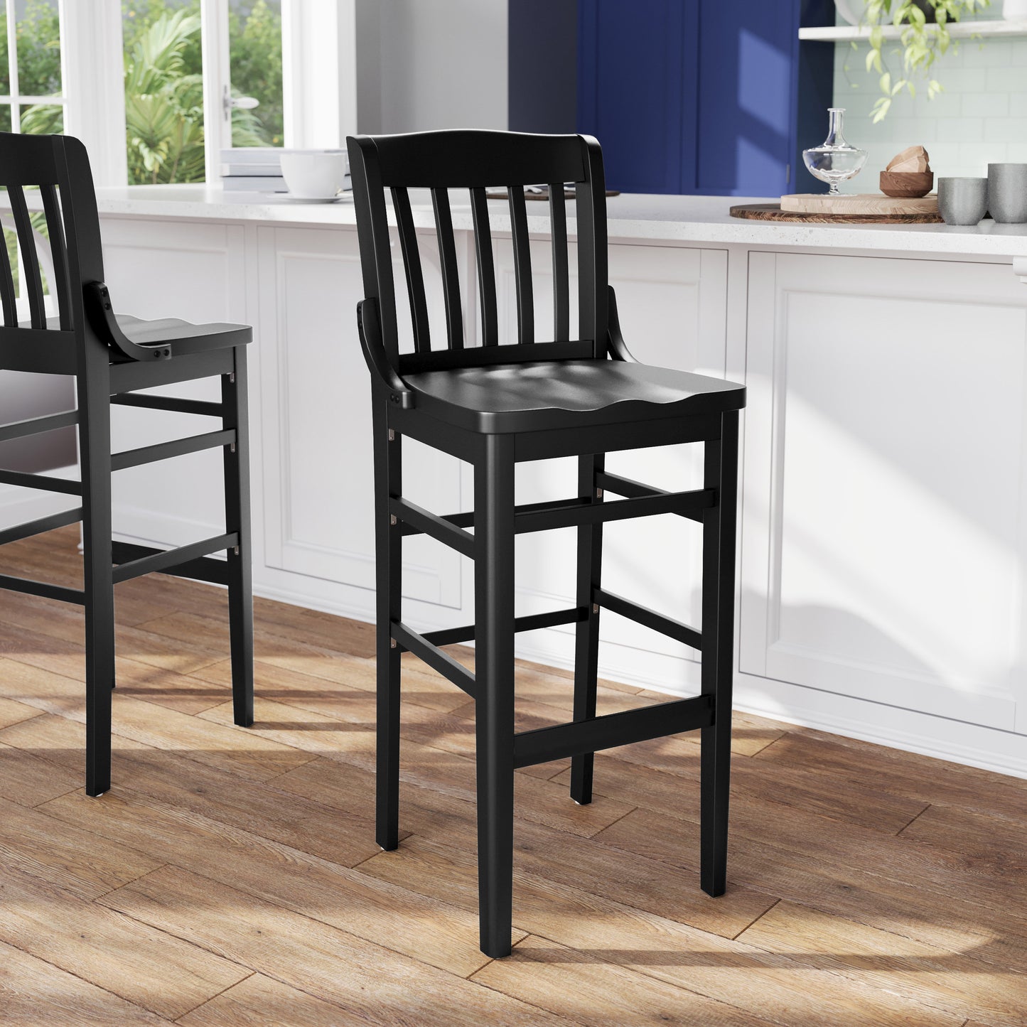HERCULES School House Back Black Wood Restaurant Barstool Black
