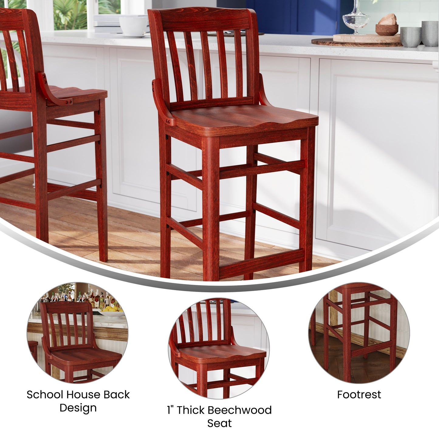 HERCULES Series School House Back Mahogany Wood Restaurant Barstool Mahogany
