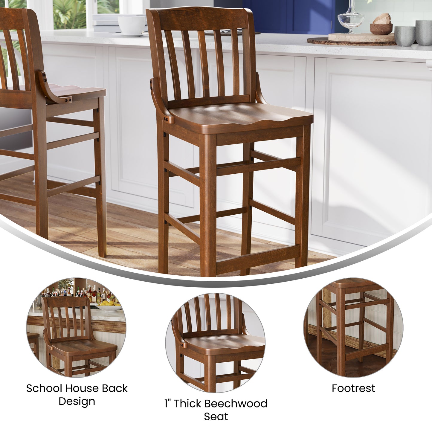 HERCULES Series School House Back Walnut Wood Restaurant Barstool Walnut