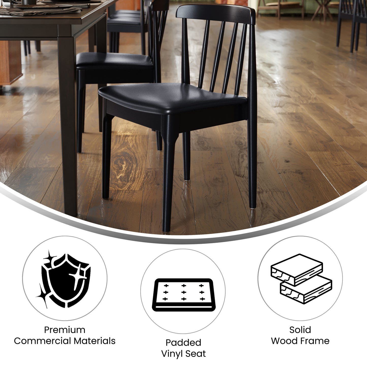 Chester Commercial Grade Solid Wood Black Dining Chair with Curved Spindle Backrest and Black Vinyl Seat Black Vinyl Seat/Black Wood Frame