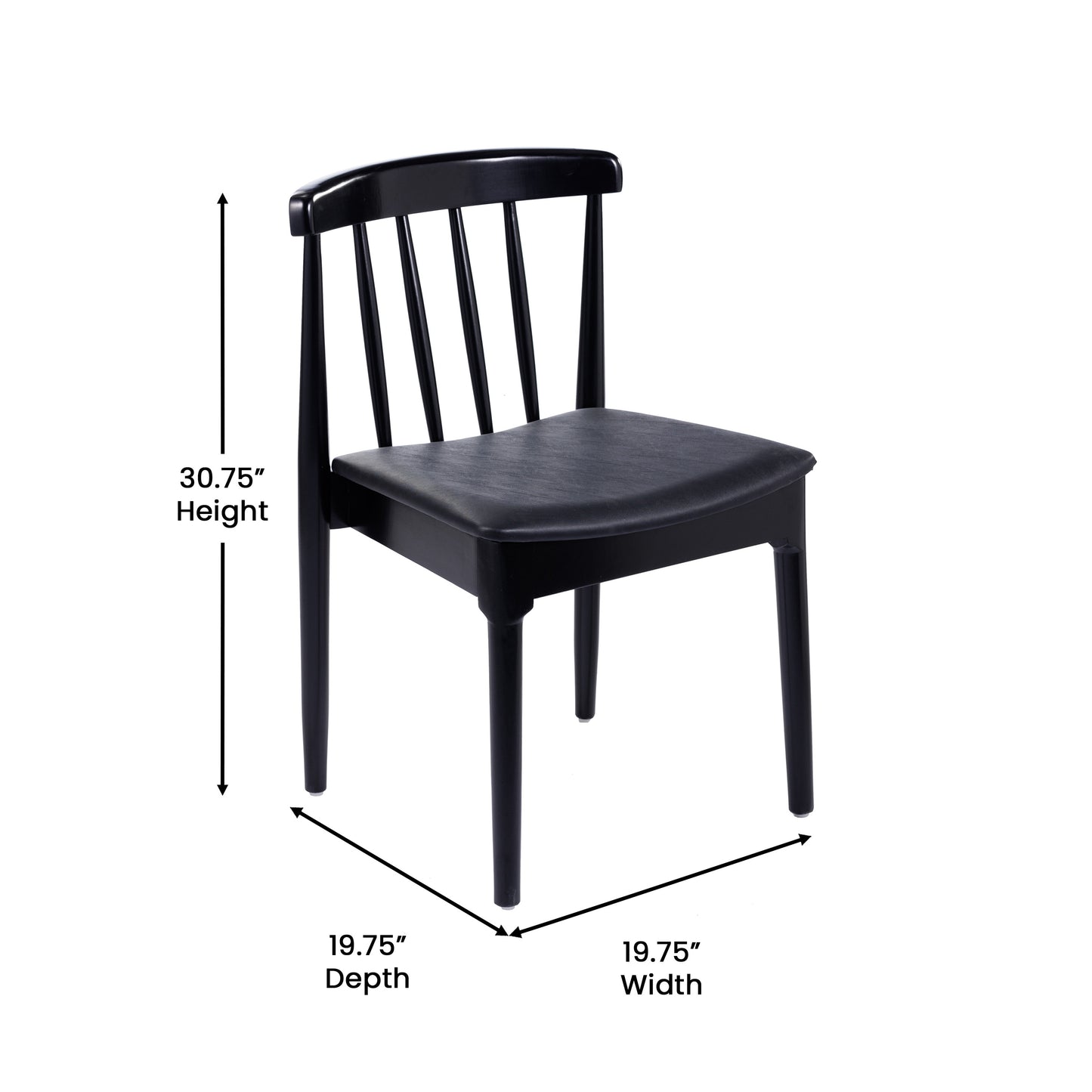 Chester Commercial Grade Solid Wood Black Dining Chair with Curved Spindle Backrest and Black Vinyl Seat Black Vinyl Seat/Black Wood Frame