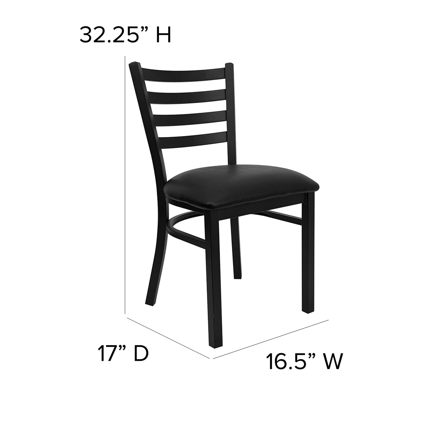 Carlton 36'' Square Black Laminate Table Set with X-Base and 4 Ladder Back Metal Chairs - Black Vinyl Seat Black Top/Black Vinyl Seat
