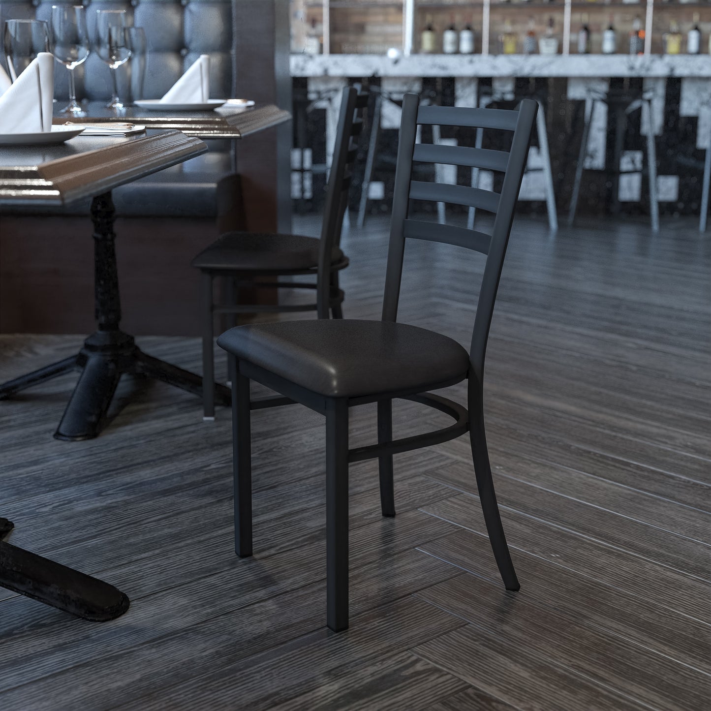 HERCULES Series Black Ladder Back Metal Restaurant Chair - Black Vinyl Seat Black Vinyl Seat/Black Metal Frame