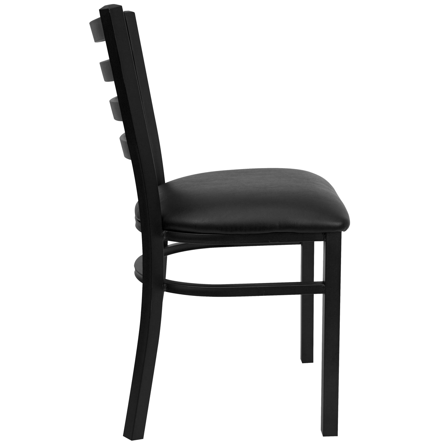 Carlton 36'' Square Black Laminate Table Set with X-Base and 4 Ladder Back Metal Chairs - Black Vinyl Seat Black Top/Black Vinyl Seat