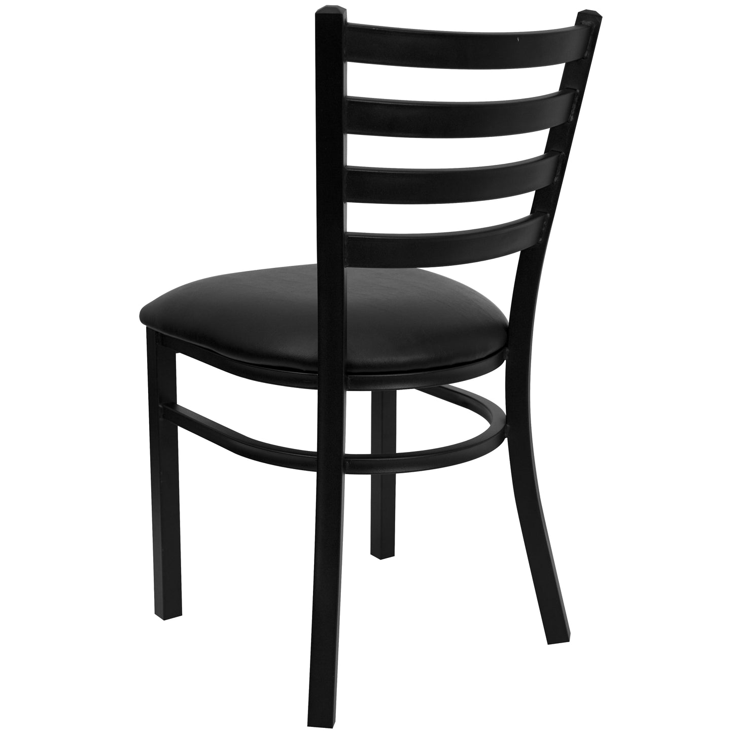 Carlton 36'' Square Black Laminate Table Set with X-Base and 4 Ladder Back Metal Chairs - Black Vinyl Seat Black Top/Black Vinyl Seat