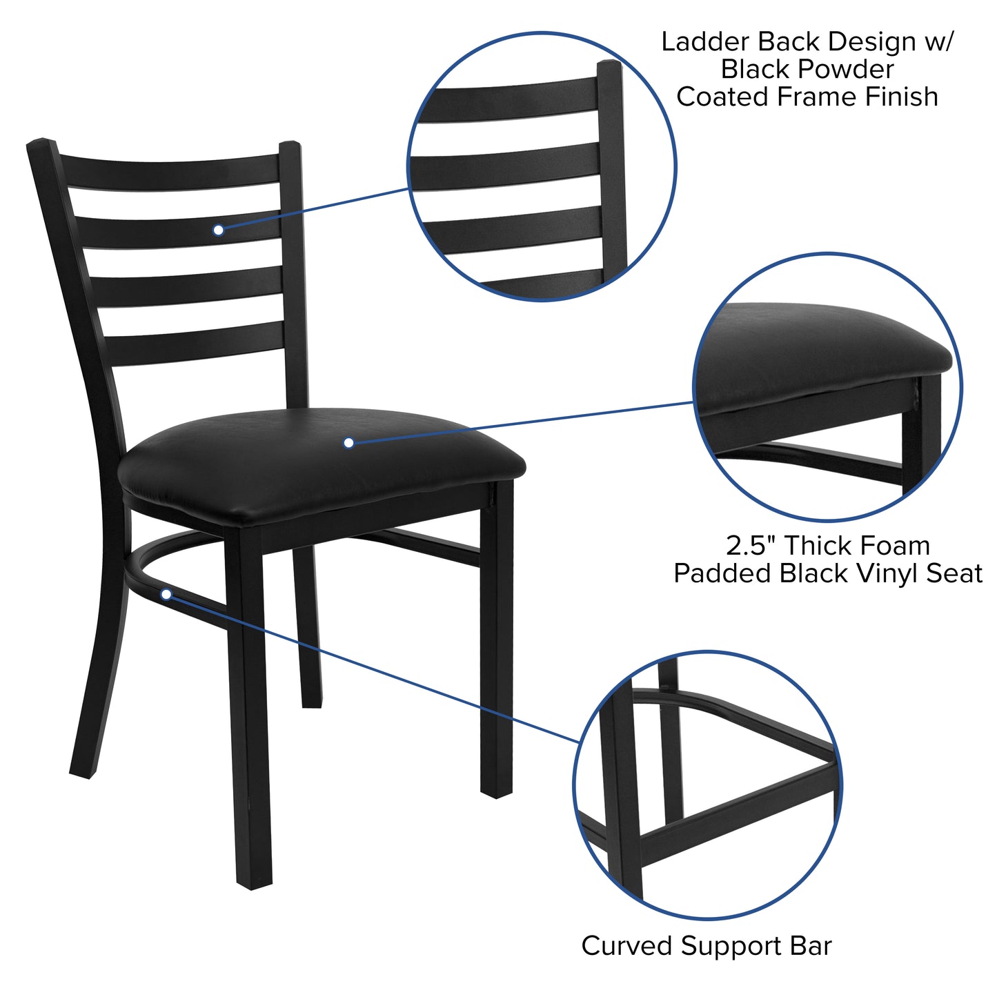 HERCULES Series Black Ladder Back Metal Restaurant Chair - Black Vinyl Seat Black Vinyl Seat/Black Metal Frame