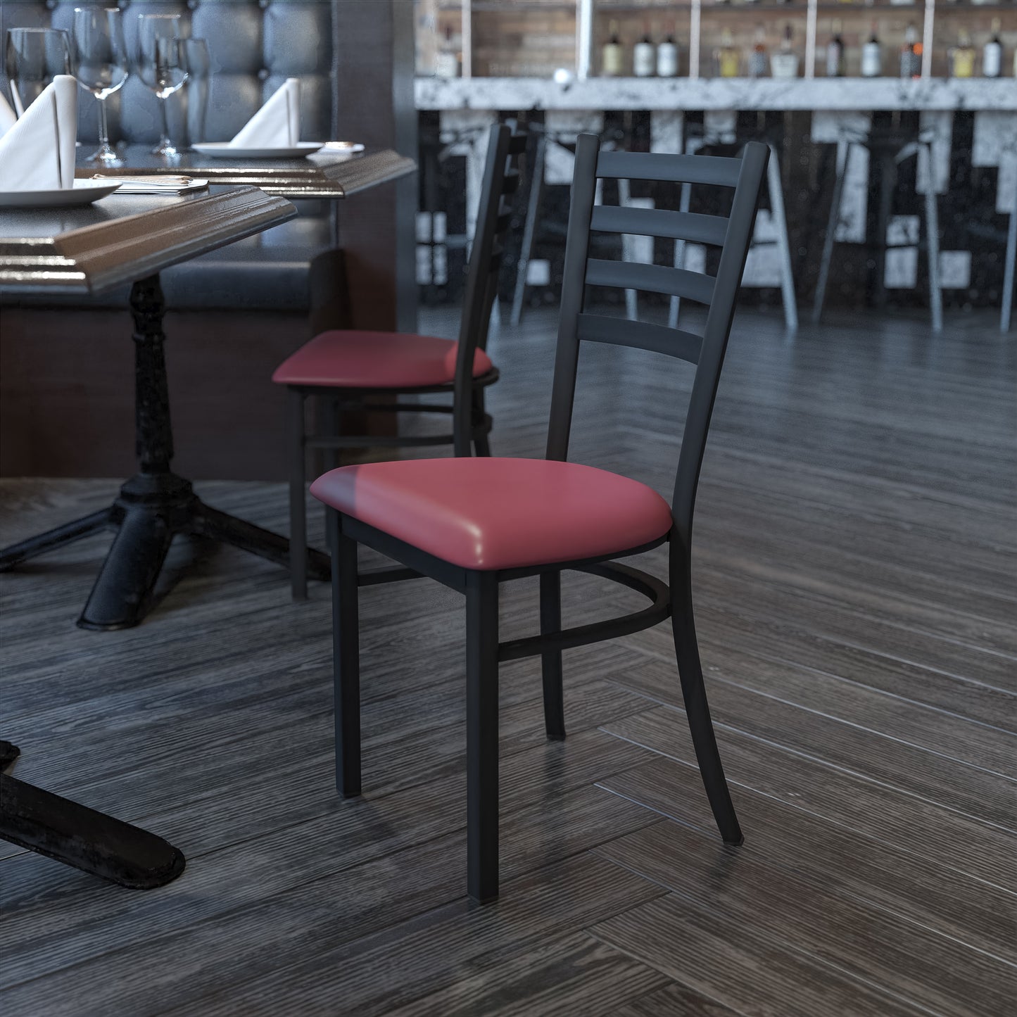 HERCULES Series Black Ladder Back Metal Restaurant Chair - Burgundy Vinyl Seat Burgundy Vinyl Seat/Black Metal Frame