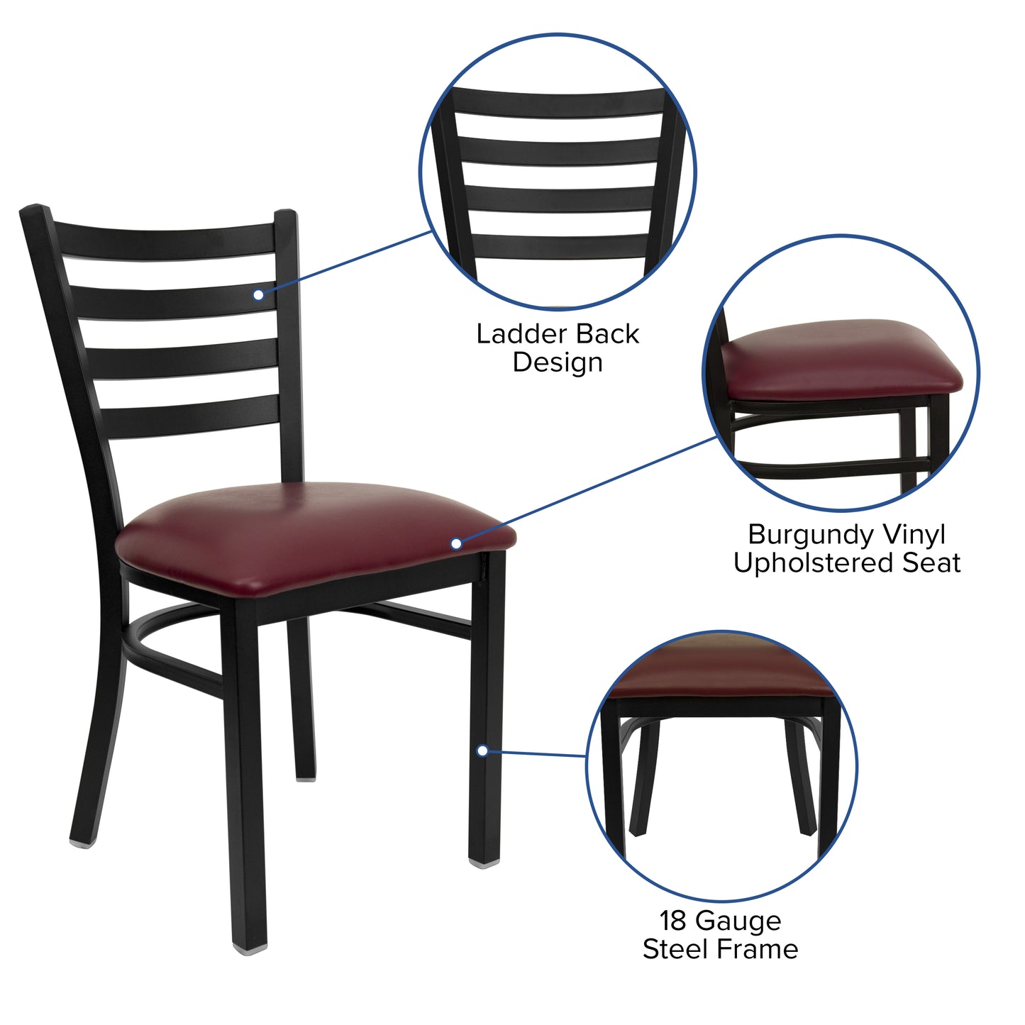 HERCULES Series Black Ladder Back Metal Restaurant Chair - Burgundy Vinyl Seat Burgundy Vinyl Seat/Black Metal Frame