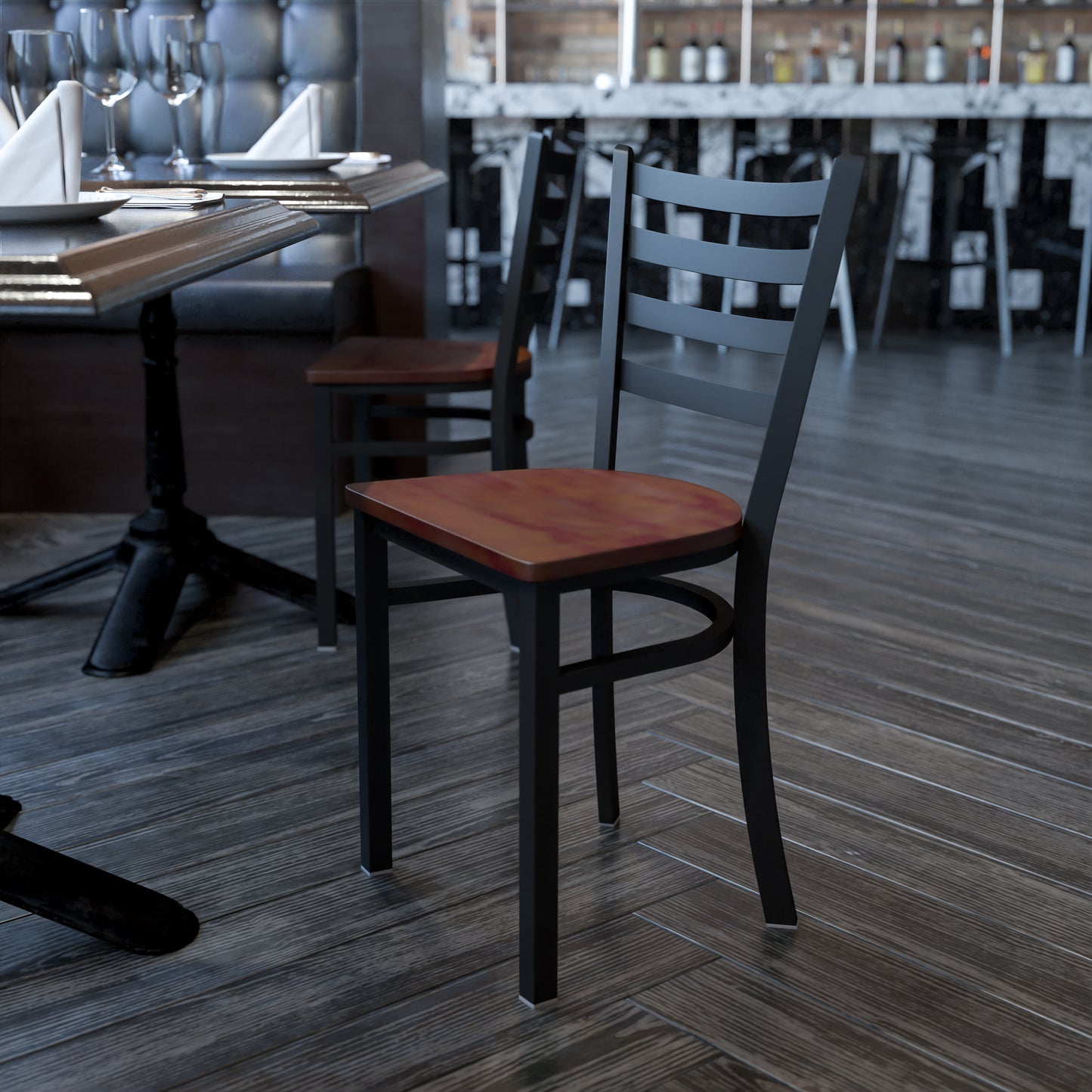 HERCULES Series Black Ladder Back Metal Restaurant Chair - Cherry Wood Seat Cherry Wood Seat/Black Metal Frame