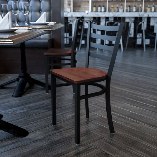 HERCULES Series Black Ladder Back Metal Restaurant Chair - Cherry Wood Seat Cherry Wood Seat/Black Metal Frame