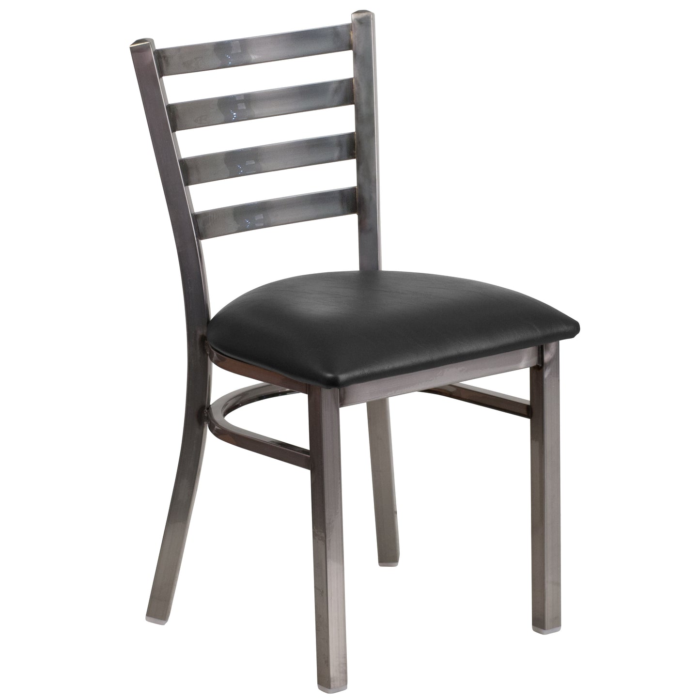 HERCULES Series Silver Antique Finish with Clear Coat Ladder Back Metal Restaurant Chair - Black Vinyl Seat Black Vinyl Seat/Clear Coated Metal Frame XU-DG694BLAD-CLR-BLKV-GG