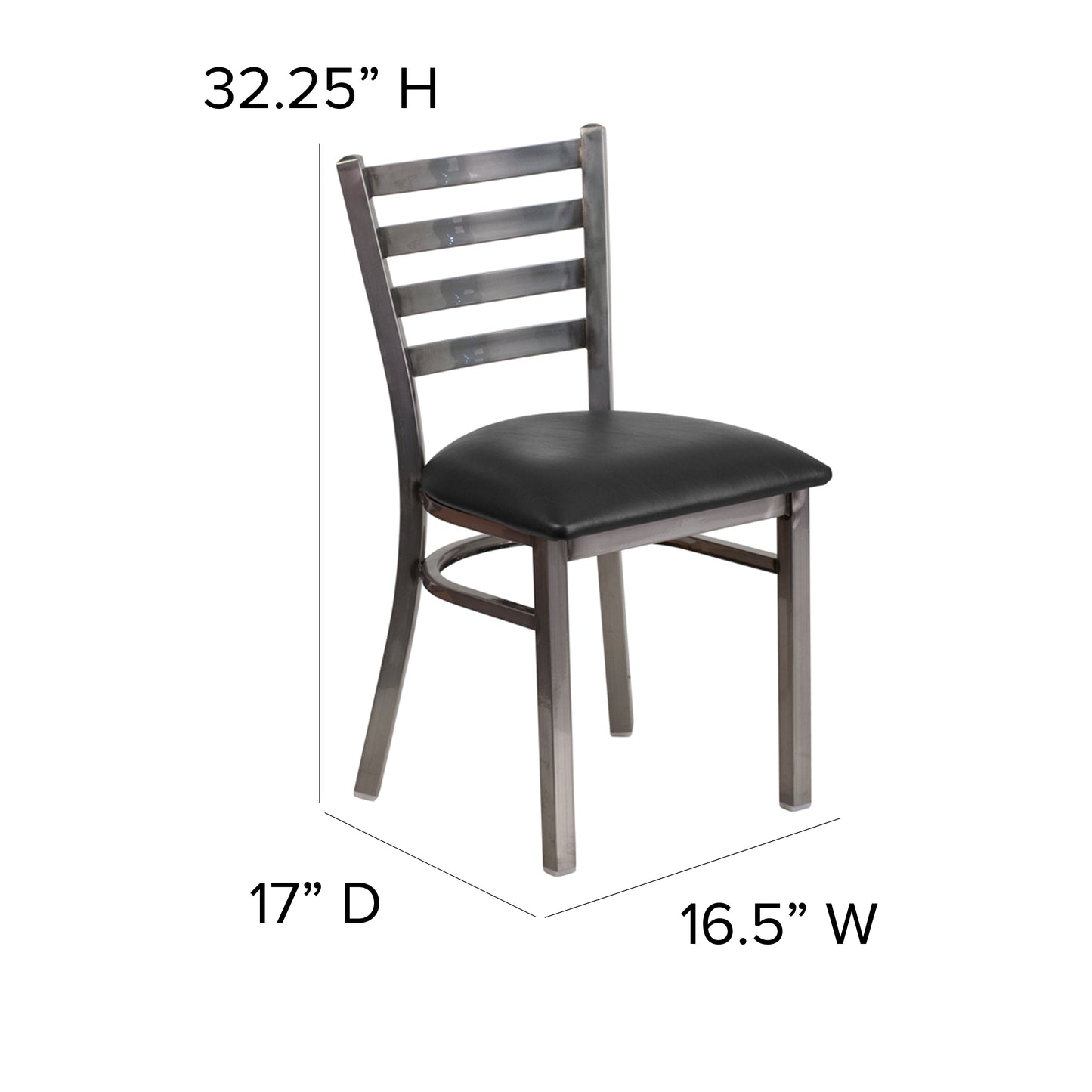 HERCULES Series Silver Antique Finish with Clear Coat Ladder Back Metal Restaurant Chair - Black Vinyl Seat Black Vinyl Seat/Clear Coated Metal Frame XU-DG694BLAD-CLR-BLKV-GG