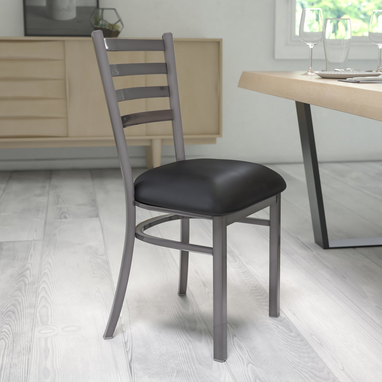 HERCULES Series Silver Antique Finish with Clear Coat Ladder Back Metal Restaurant Chair - Black Vinyl Seat Black Vinyl Seat/Clear Coated Metal Frame XU-DG694BLAD-CLR-BLKV-GG