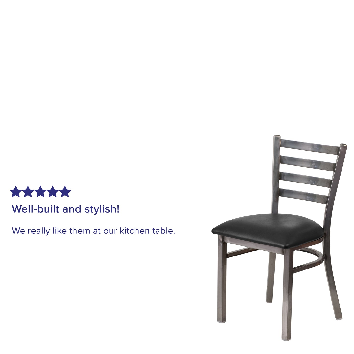 HERCULES Series Silver Antique Finish with Clear Coat Ladder Back Metal Restaurant Chair - Black Vinyl Seat Black Vinyl Seat/Clear Coated Metal Frame XU-DG694BLAD-CLR-BLKV-GG