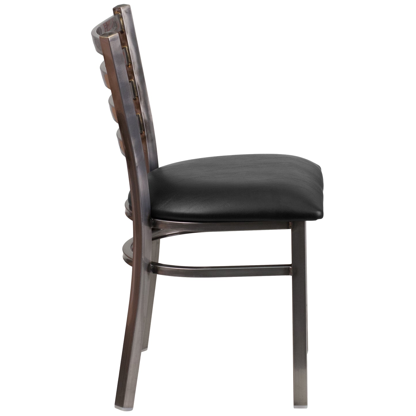 HERCULES Series Silver Antique Finish with Clear Coat Ladder Back Metal Restaurant Chair - Black Vinyl Seat Black Vinyl Seat/Clear Coated Metal Frame XU-DG694BLAD-CLR-BLKV-GG