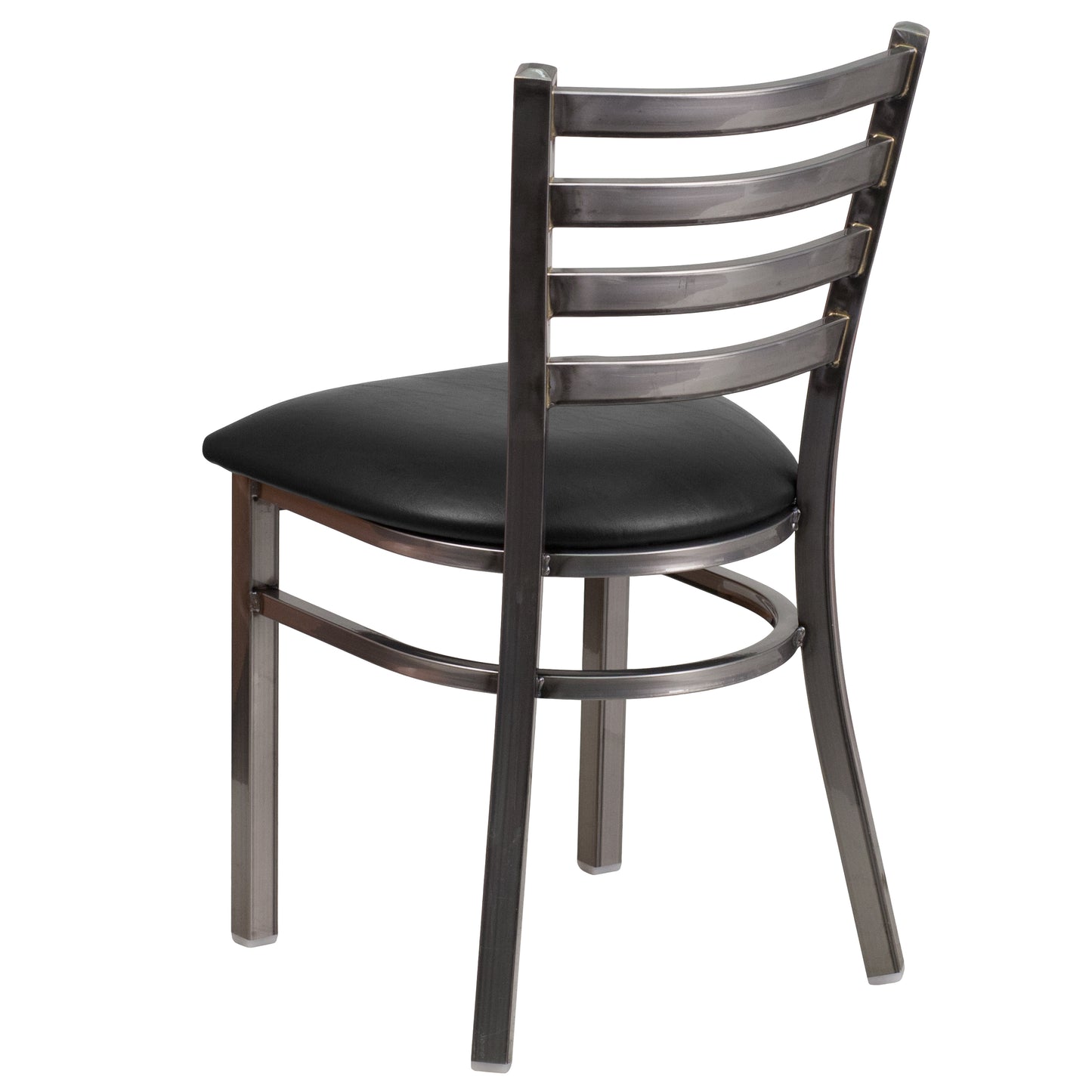 HERCULES Series Silver Antique Finish with Clear Coat Ladder Back Metal Restaurant Chair - Black Vinyl Seat Black Vinyl Seat/Clear Coated Metal Frame XU-DG694BLAD-CLR-BLKV-GG