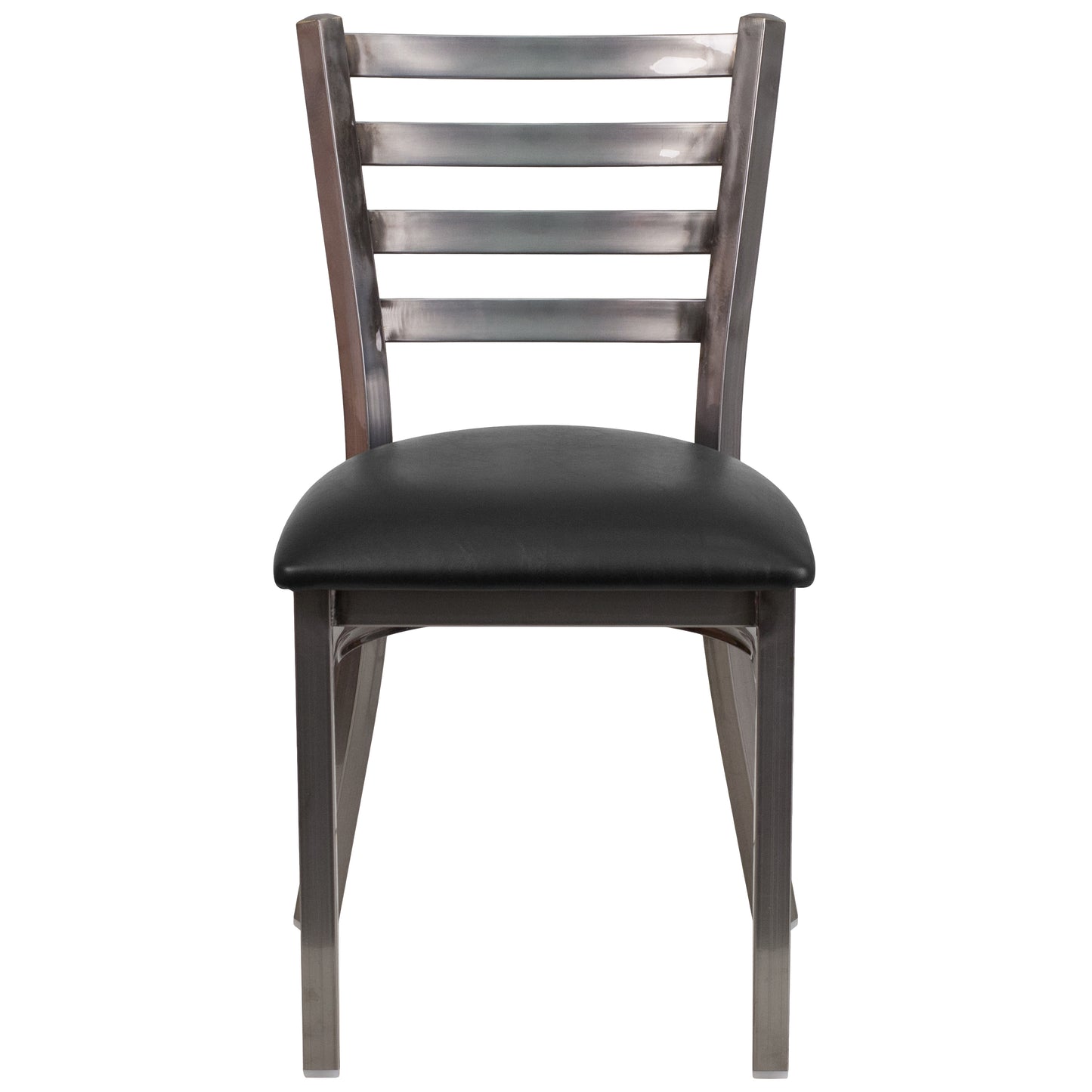 HERCULES Series Silver Antique Finish with Clear Coat Ladder Back Metal Restaurant Chair - Black Vinyl Seat Black Vinyl Seat/Clear Coated Metal Frame XU-DG694BLAD-CLR-BLKV-GG