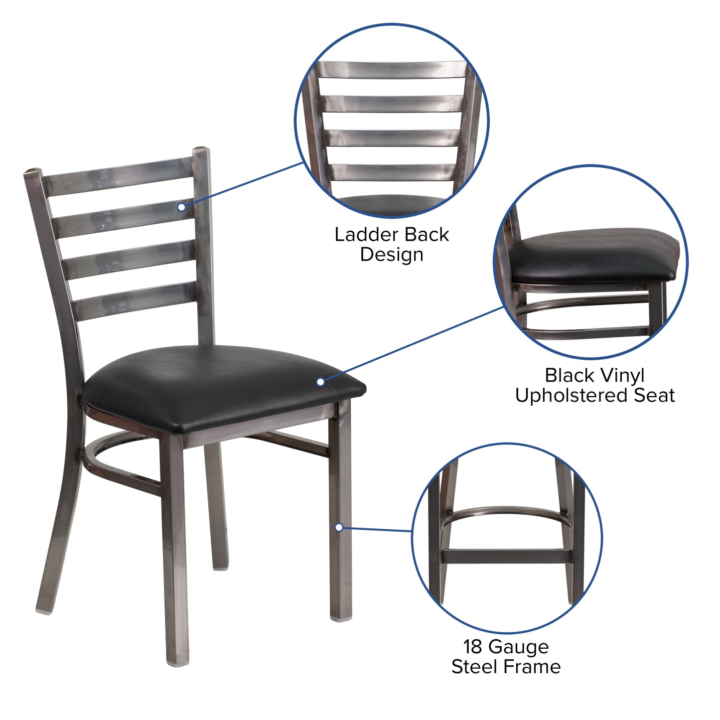 HERCULES Series Silver Antique Finish with Clear Coat Ladder Back Metal Restaurant Chair - Black Vinyl Seat Black Vinyl Seat/Clear Coated Metal Frame XU-DG694BLAD-CLR-BLKV-GG