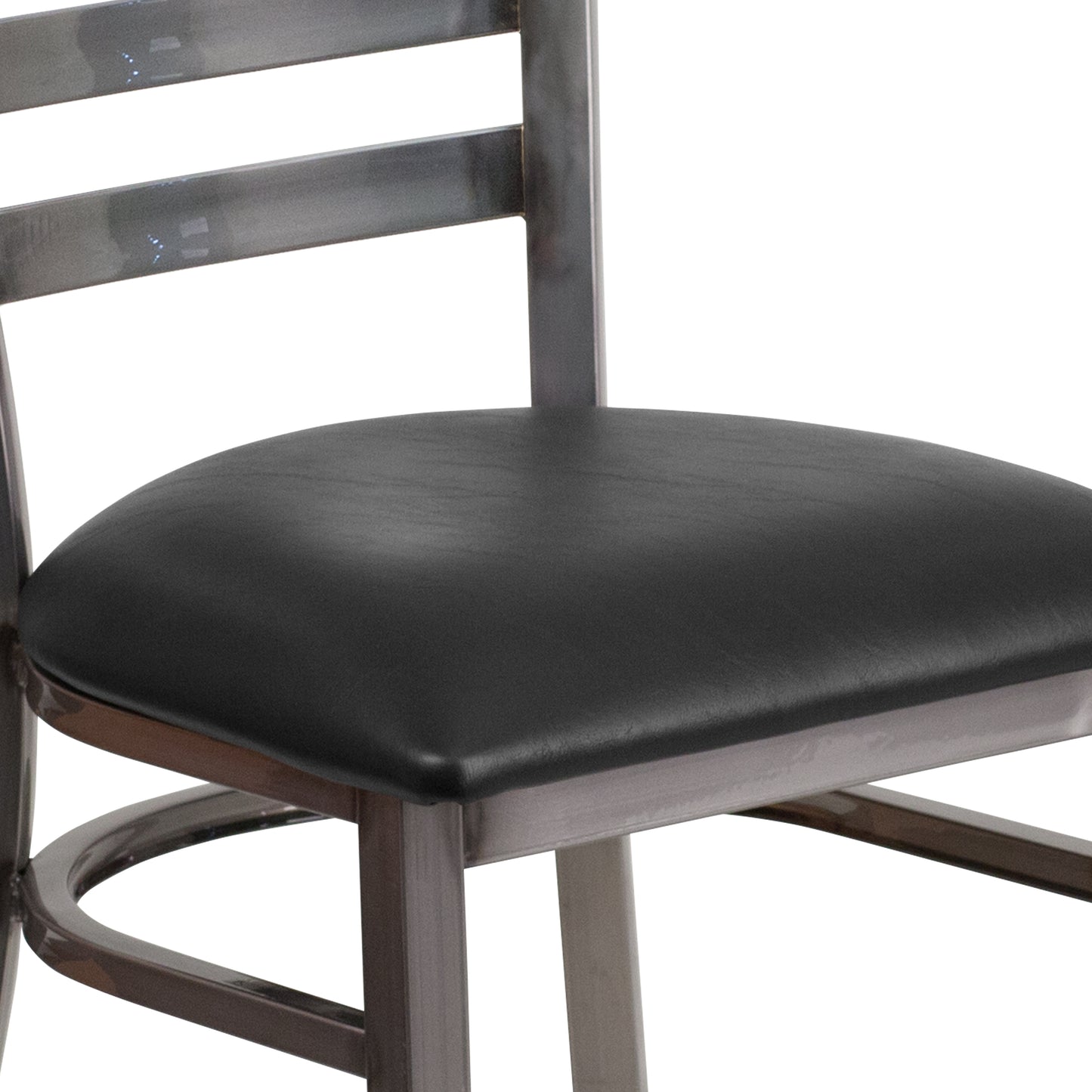 HERCULES Series Silver Antique Finish with Clear Coat Ladder Back Metal Restaurant Chair - Black Vinyl Seat Black Vinyl Seat/Clear Coated Metal Frame XU-DG694BLAD-CLR-BLKV-GG
