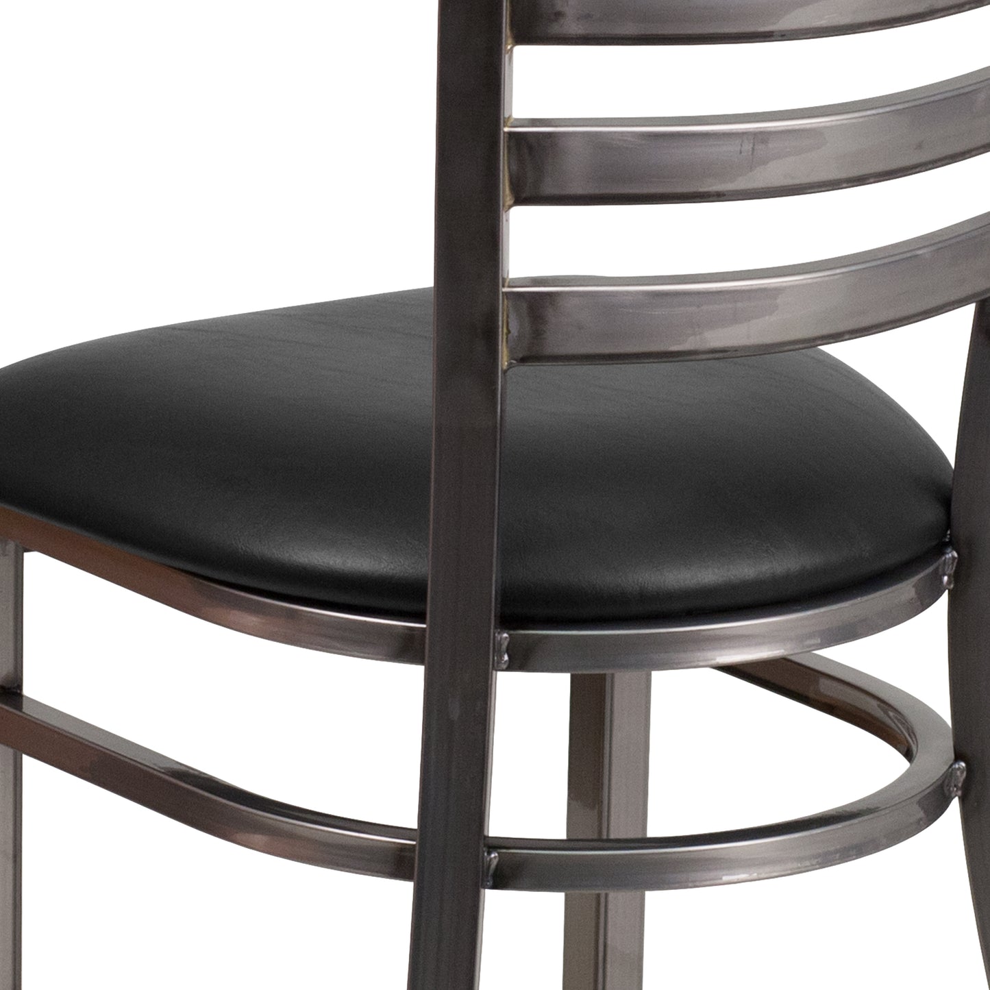 HERCULES Series Silver Antique Finish with Clear Coat Ladder Back Metal Restaurant Chair - Black Vinyl Seat Black Vinyl Seat/Clear Coated Metal Frame XU-DG694BLAD-CLR-BLKV-GG