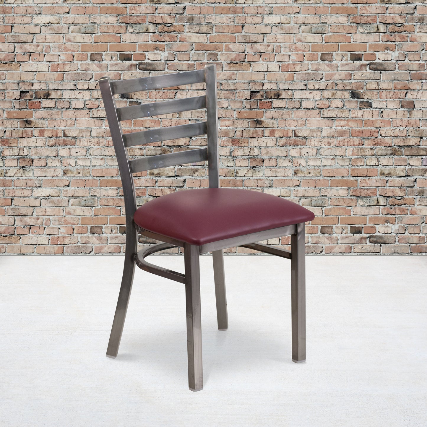 HERCULES Series Silver Antique Finish with Clear Coat Ladder Back Metal Restaurant Chair - Burgundy Vinyl Seat Burgundy Vinyl Seat/Clear Coated Metal Frame