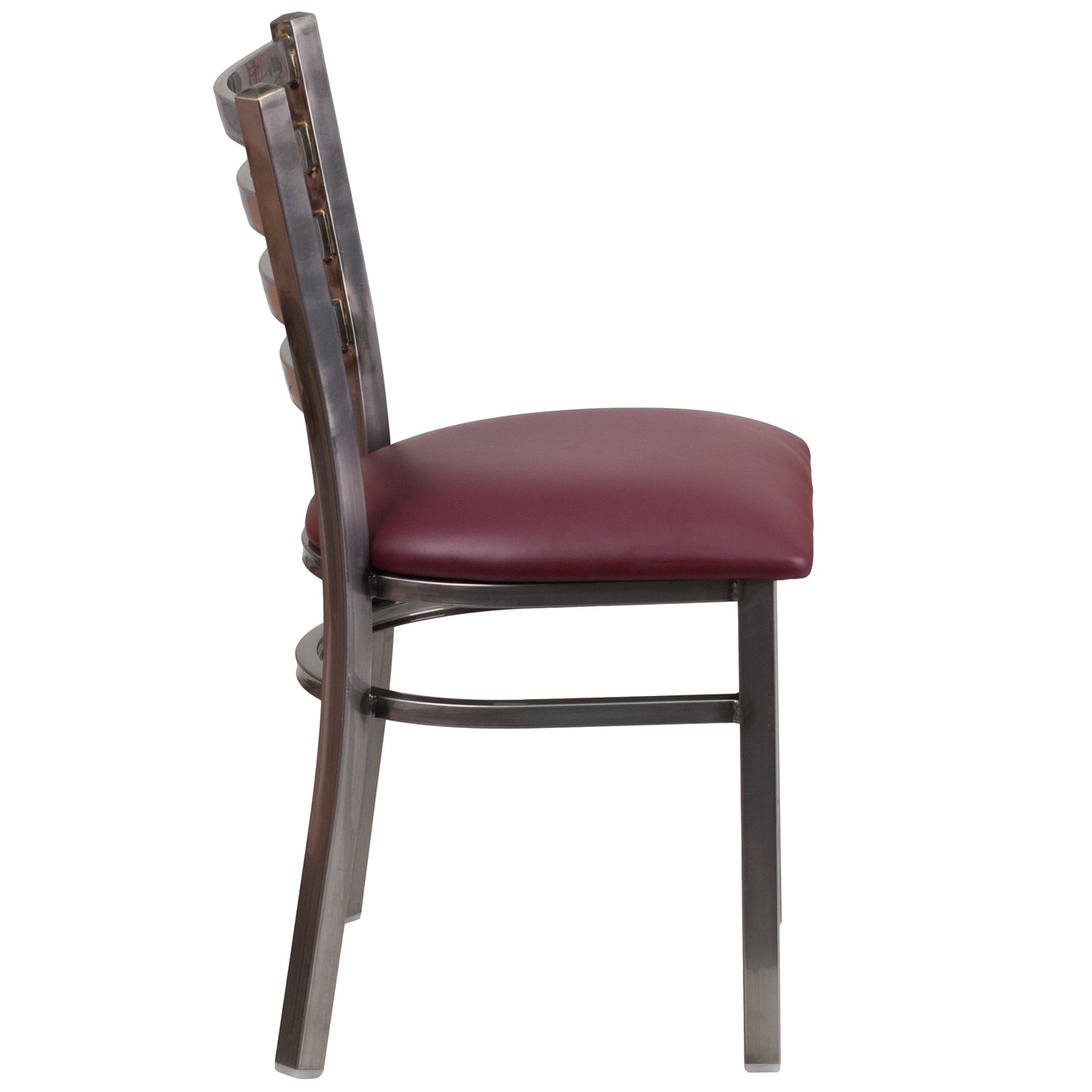 HERCULES Series Silver Antique Finish with Clear Coat Ladder Back Metal Restaurant Chair - Burgundy Vinyl Seat Burgundy Vinyl Seat/Clear Coated Metal Frame