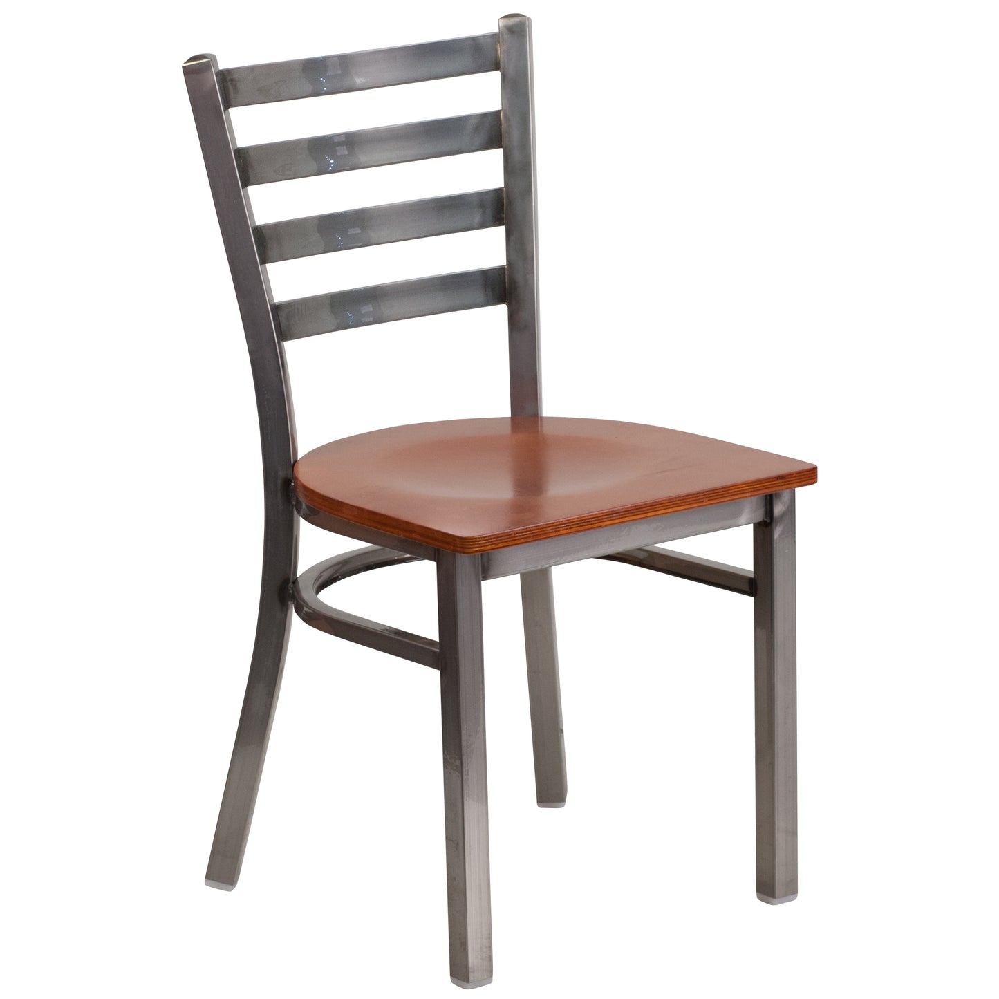 HERCULES Series Silver Antique Finish with Clear Coat Ladder Back Metal Restaurant Chair - Cherry Wood Seat Cherry Wood Seat/Clear Coated Metal Frame