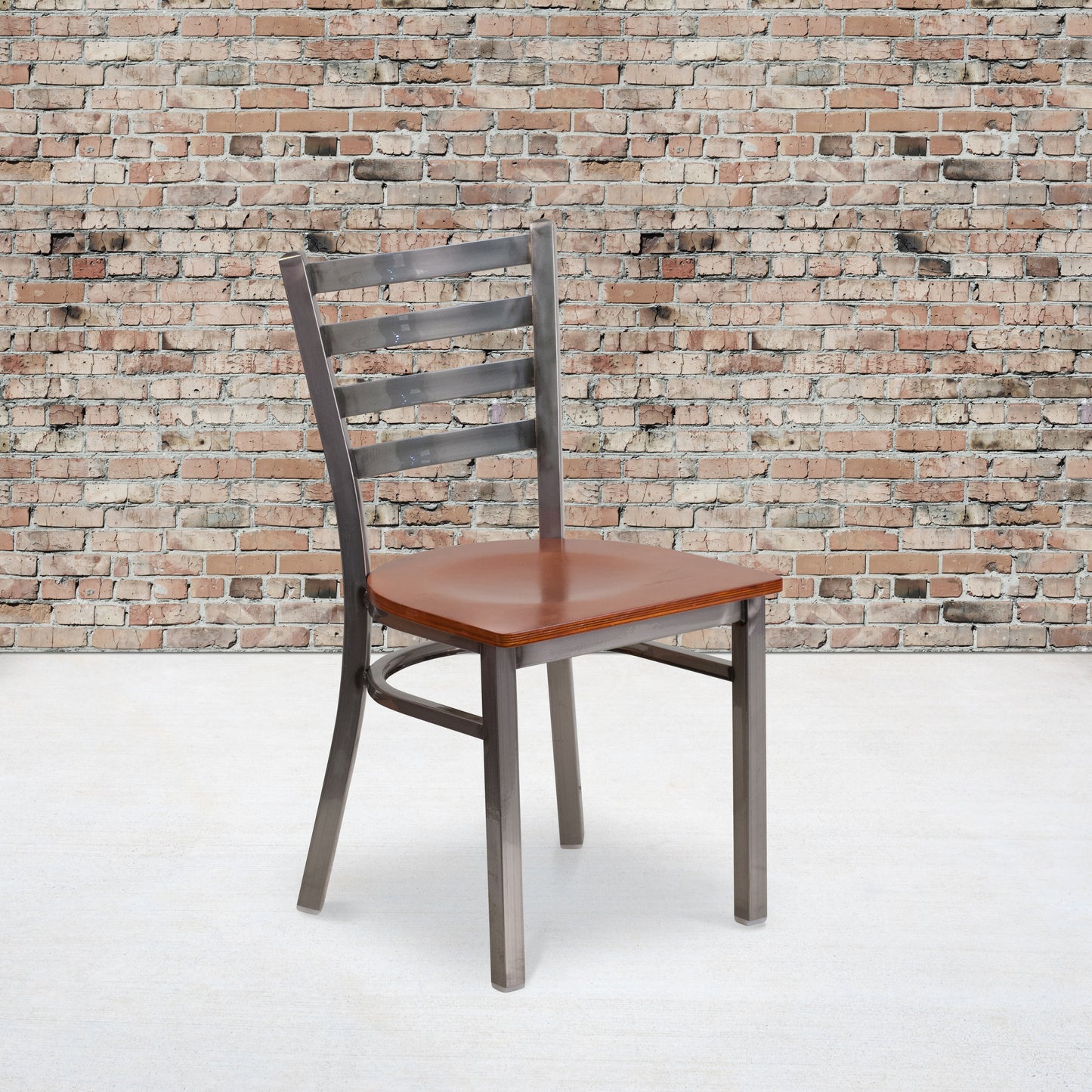 HERCULES Series Silver Antique Finish with Clear Coat Ladder Back Metal Restaurant Chair - Cherry Wood Seat Cherry Wood Seat/Clear Coated Metal Frame
