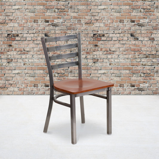 HERCULES Series Silver Antique Finish with Clear Coat Ladder Back Metal Restaurant Chair - Cherry Wood Seat Cherry Wood Seat/Clear Coated Metal Frame
