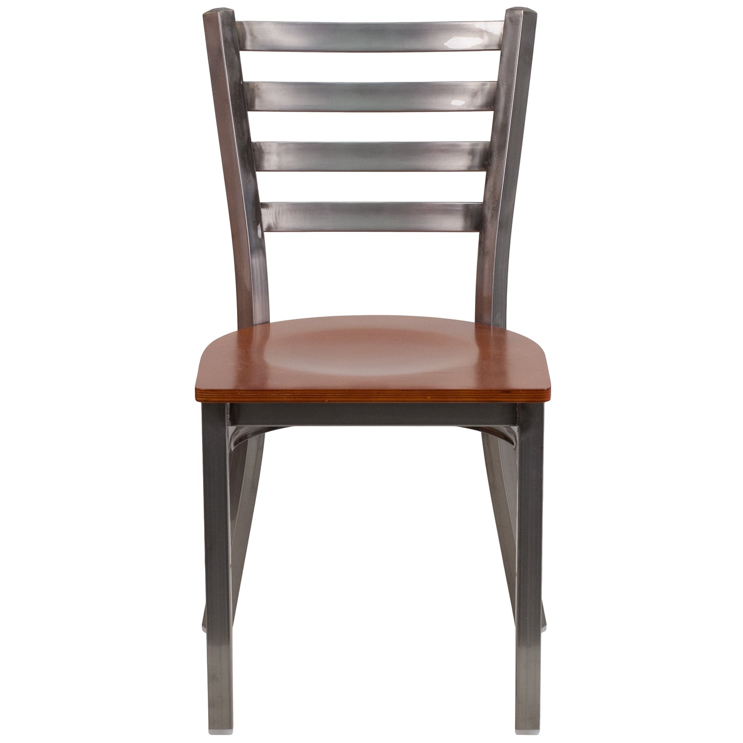 HERCULES Series Silver Antique Finish with Clear Coat Ladder Back Metal Restaurant Chair - Cherry Wood Seat Cherry Wood Seat/Clear Coated Metal Frame